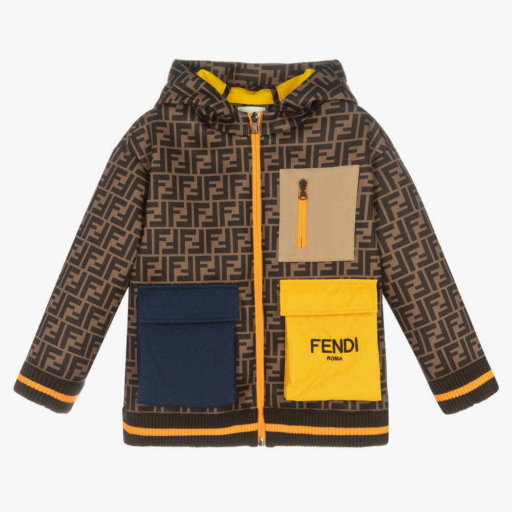 Fendi - جاكيت هودي نيوبرين بألون بلوك بني | Childrensalon