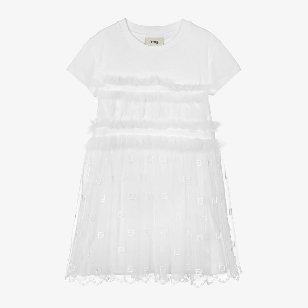 Fendi - Robe blanche en coton et tulle | Childrensalon