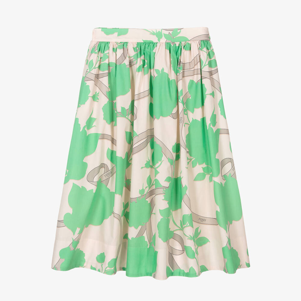 Fendi - Teen Girls Green & Beige Cotton Logo Skirt | Childrensalon