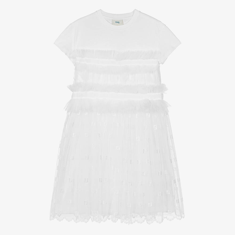 Fendi - Robe blanche en tulle et coton ado | Childrensalon