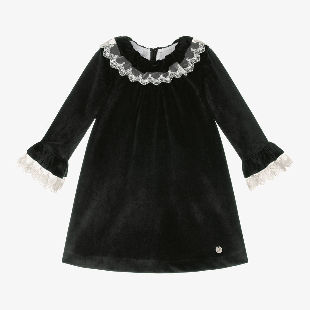 Foque - Girls Black Velvet Lace Collar Dress | Childrensalon Outlet