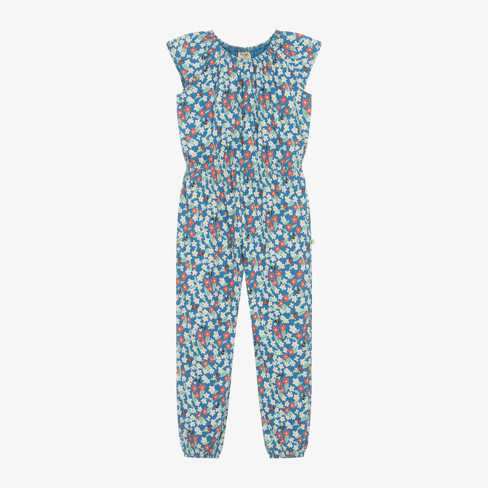 Frugi - Girls Blue Floral Cotton Jumpsuit | Childrensalon