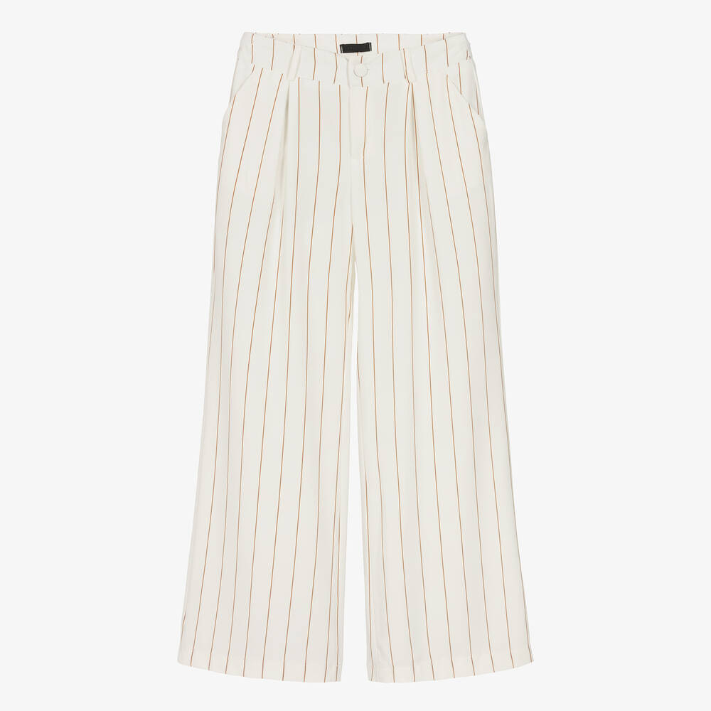 Fun & Fun - Girls Ivory & Brown Pinstripe Trousers | Childrensalon