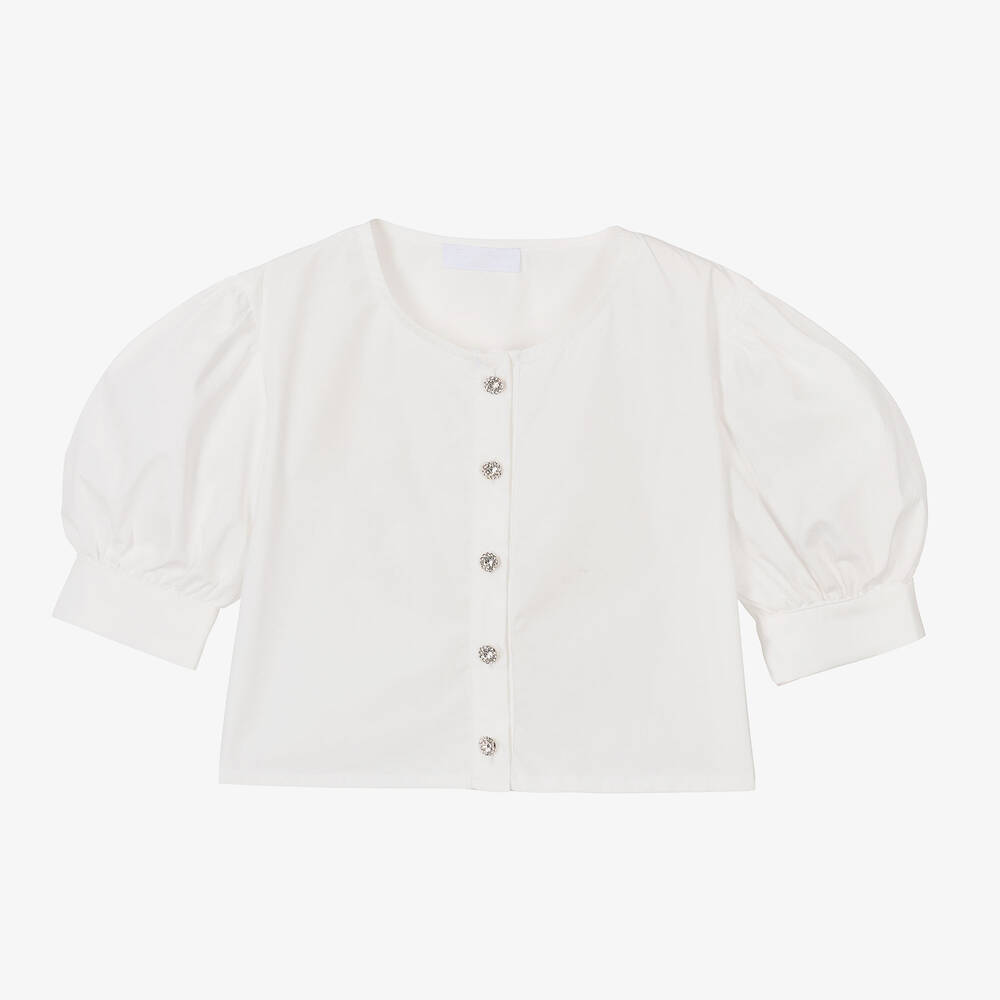 Fun & Fun - Girls White Cotton & Diamanté Blouse | Childrensalon