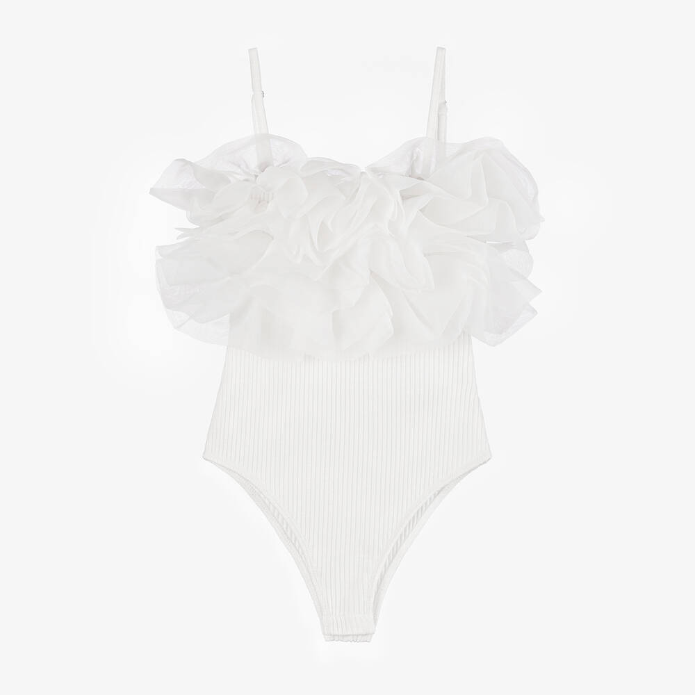 Fun & Fun - Girls White Cotton & Organza Bodysuit | Childrensalon