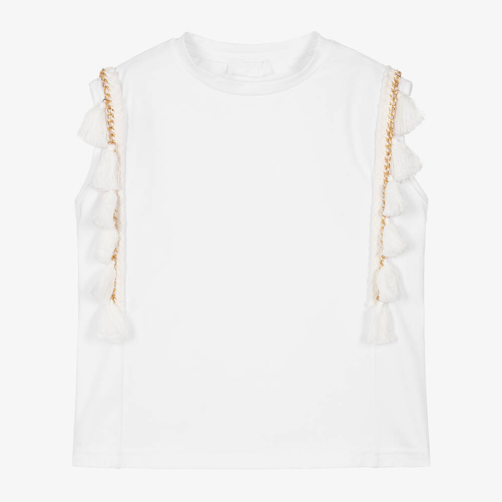 Fun & Fun - Girls White Cotton Tassle T-Shirt | Childrensalon