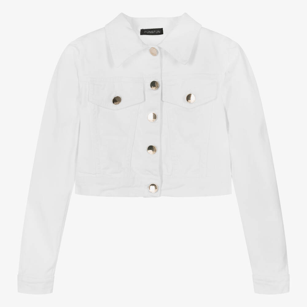 Fun & Fun - Girls White Cropped Denim Jacket | Childrensalon