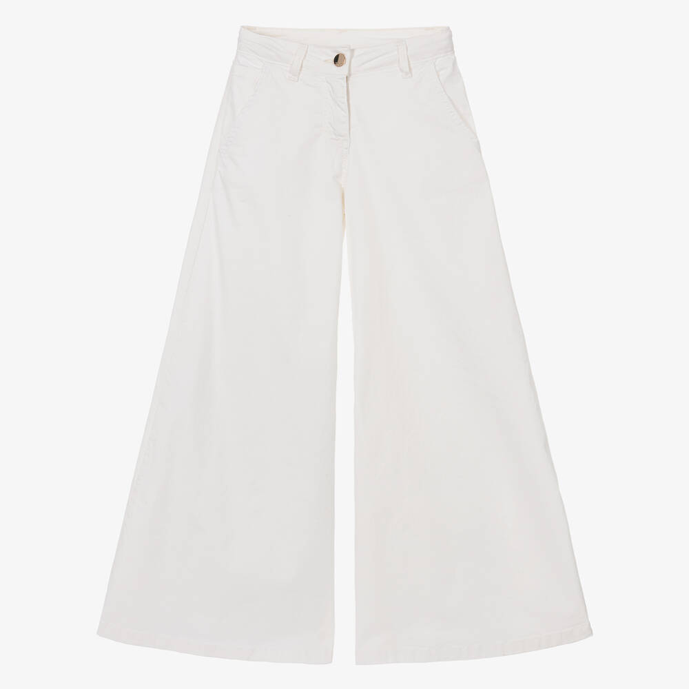 Fun & Fun - Girls White Flared Wide-Leg Cotton Trousers | Childrensalon