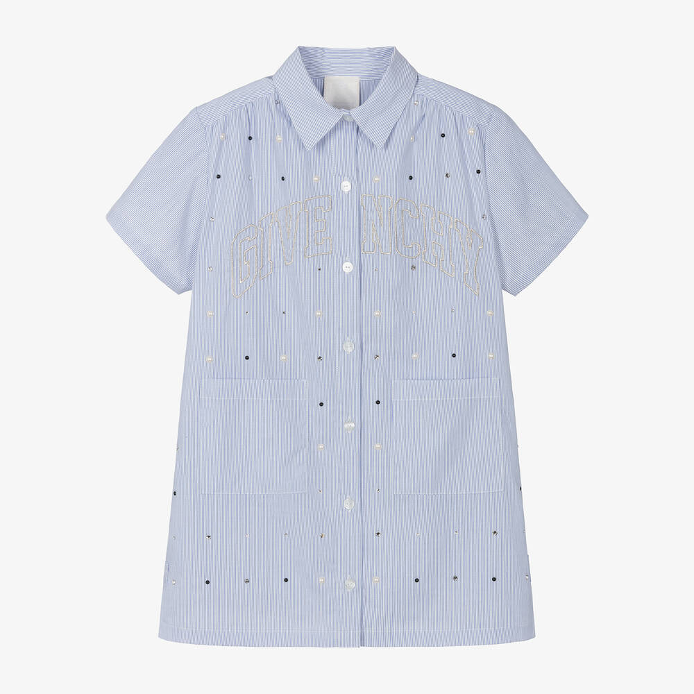 Givenchy - Girls Blue Stripe Swarovski Cotton Dress | Childrensalon