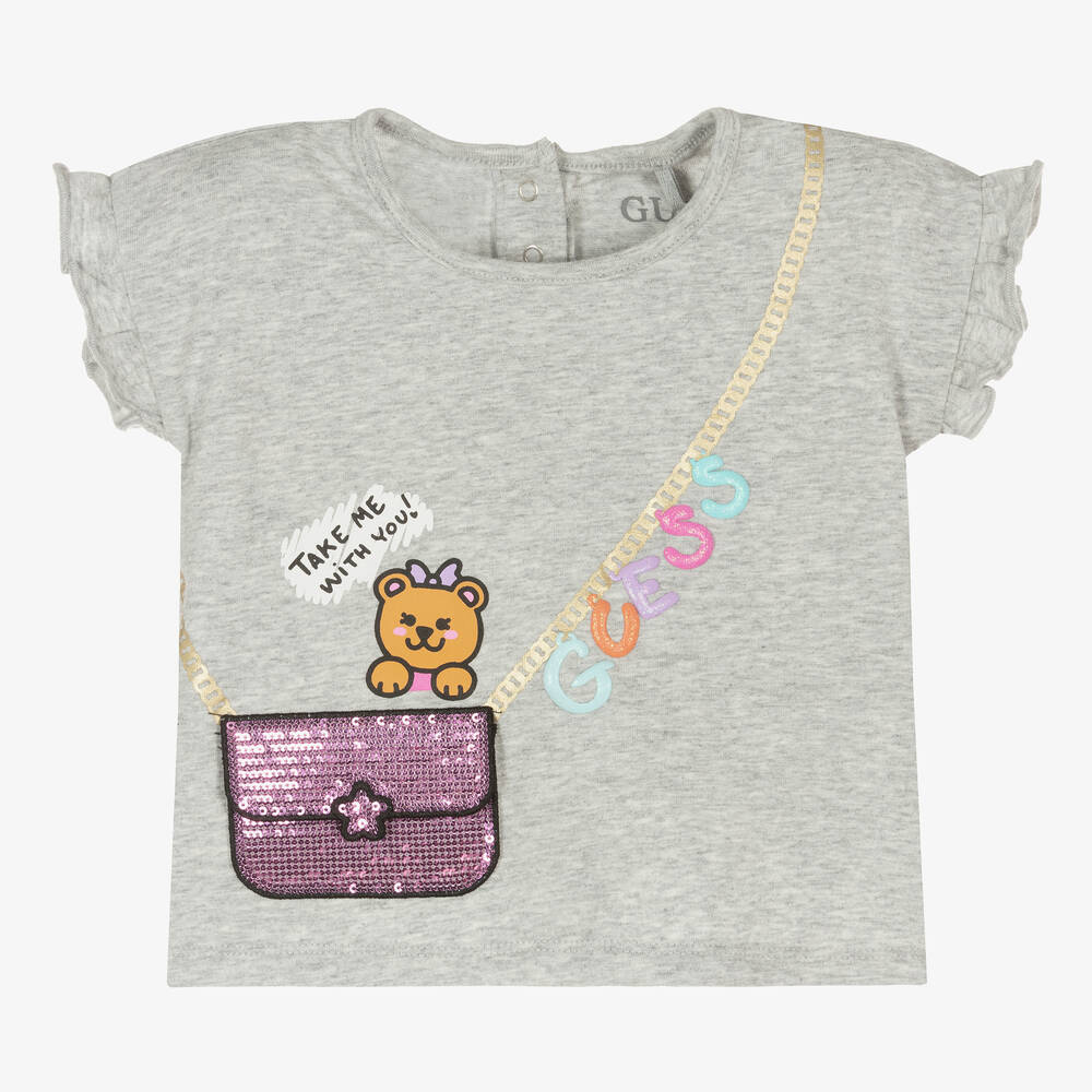 Guess - T-shirt gris en coton bébé fille | Childrensalon