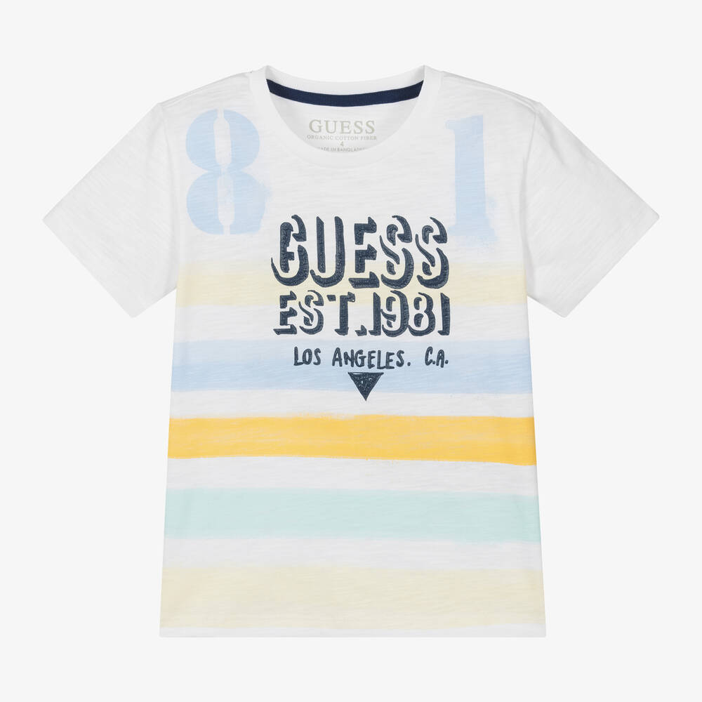 Guess - Белая полосатая хлопковая футболка для мальчиков | Childrensalon