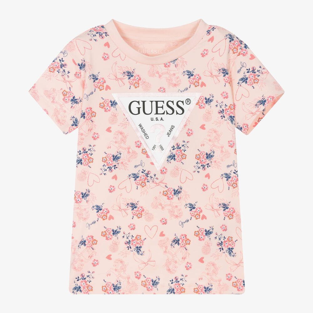 Guess - Розовая хлопковая футболка в цветочек для девочек | Childrensalon