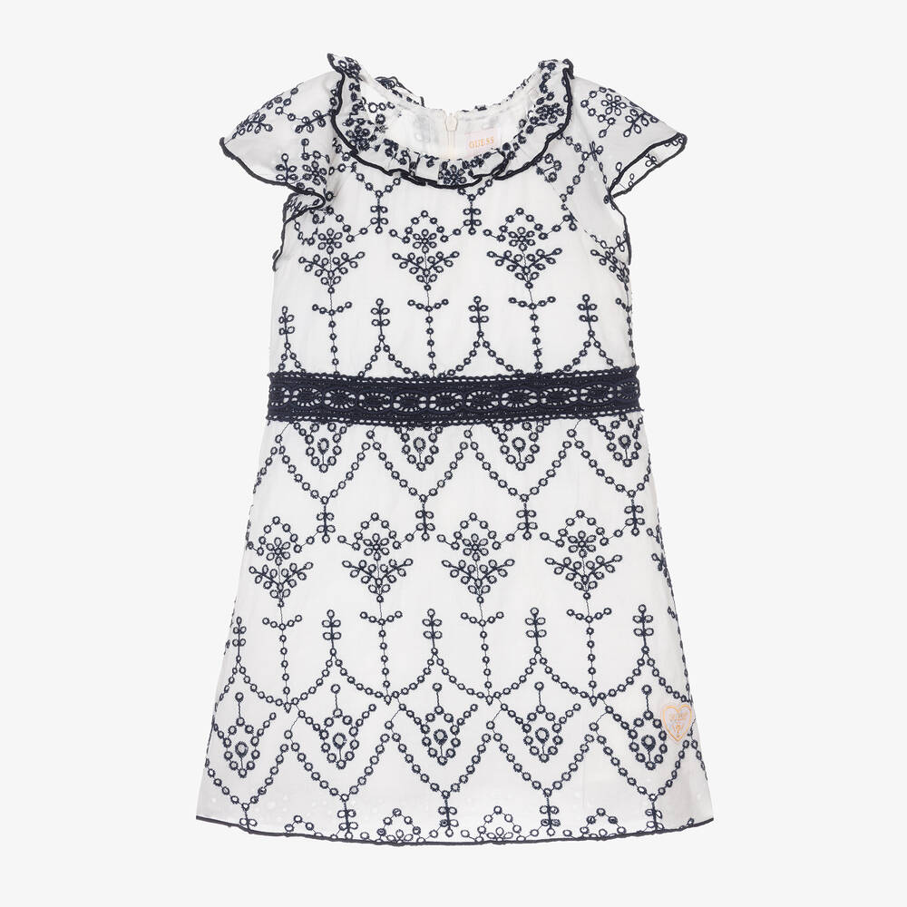 Guess - Girls White & Blue Cotton Broderie Dress | Childrensalon