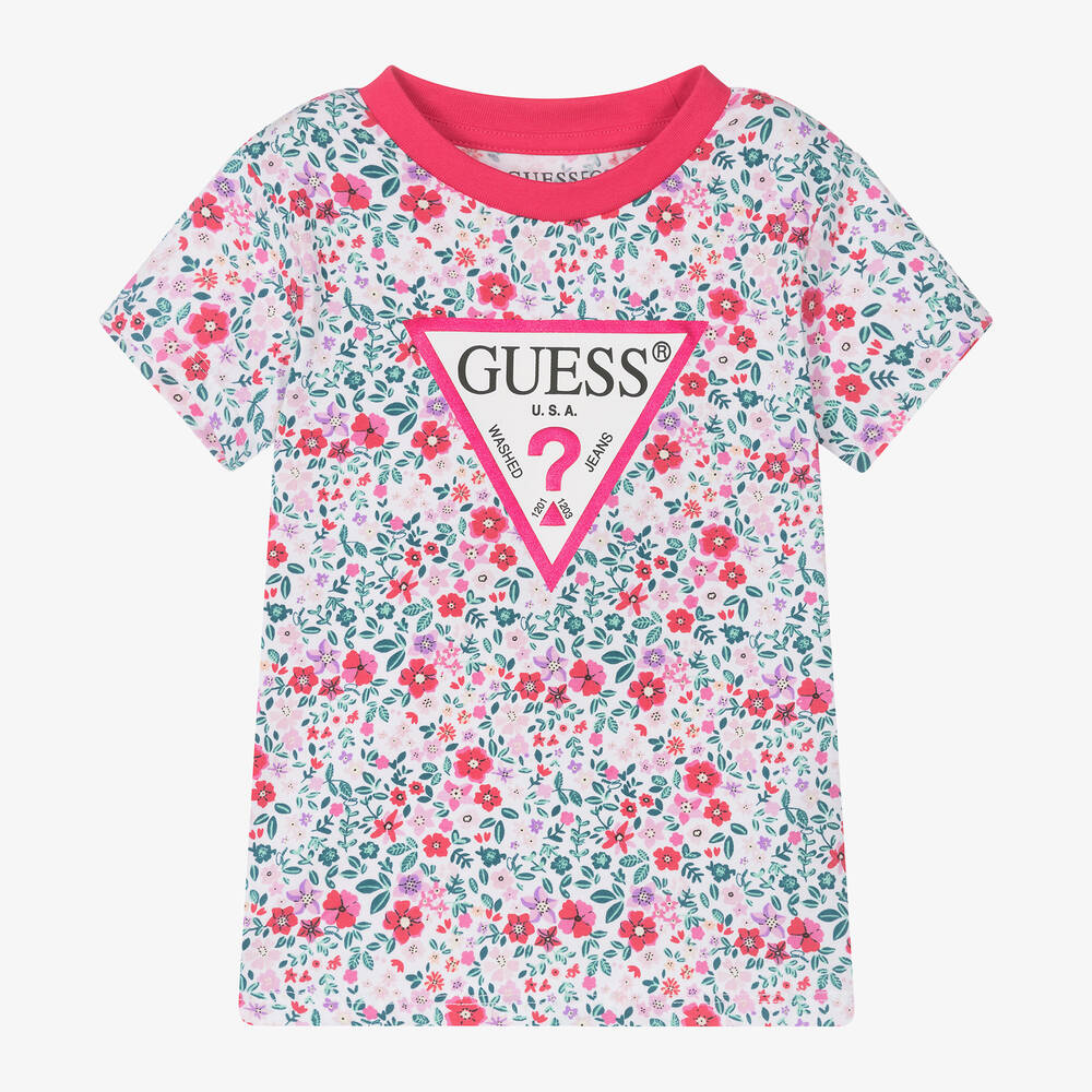 Guess - تيشيرت قطن جيرسي لون أبيض بطبعة ورود للبنات | Childrensalon