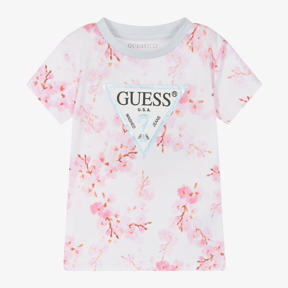 Guess - Girls White Cotton Floral T-Shirt | Childrensalon