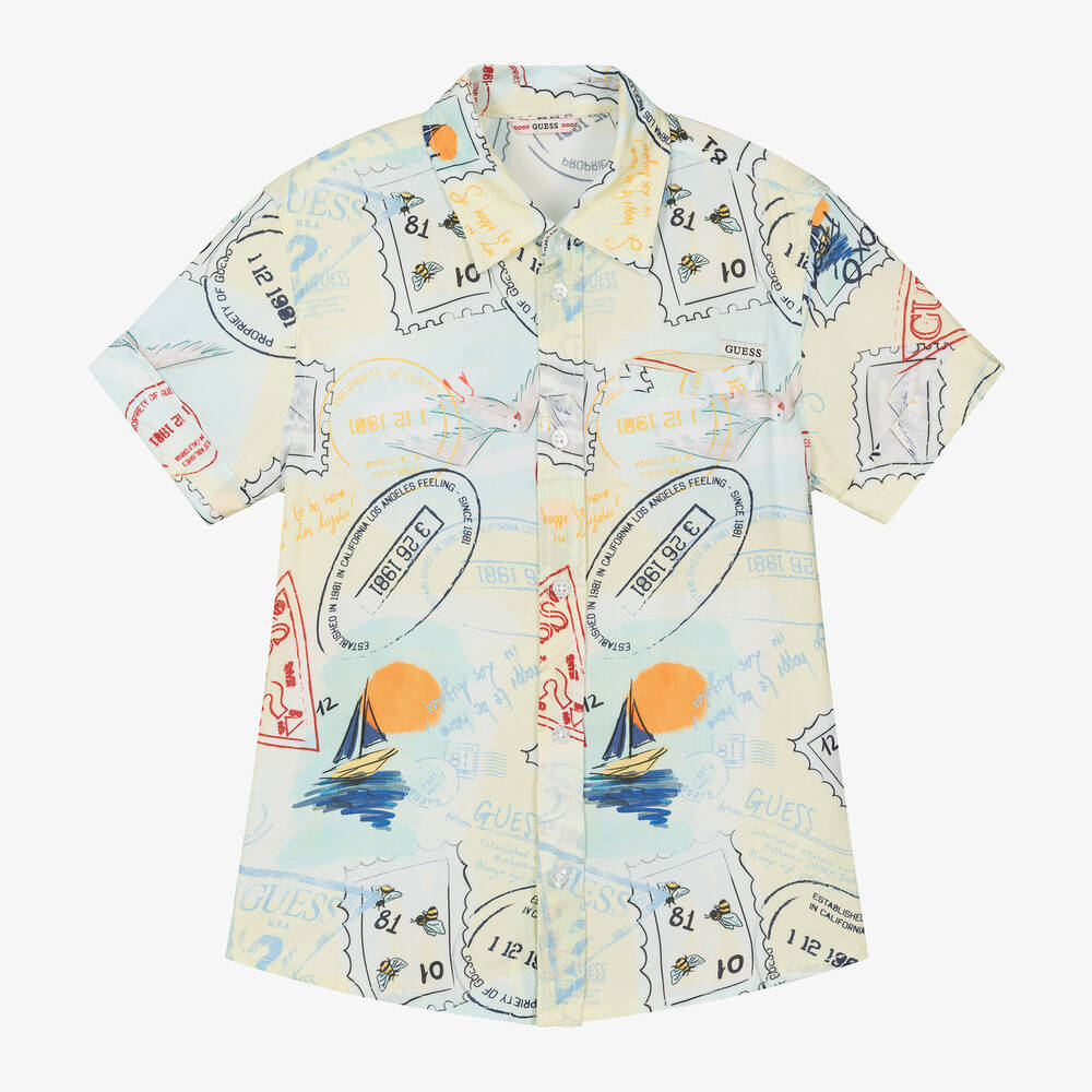 Guess - Junior Boys Pastel Yellow Graphic Viscose Shirt | Childrensalon