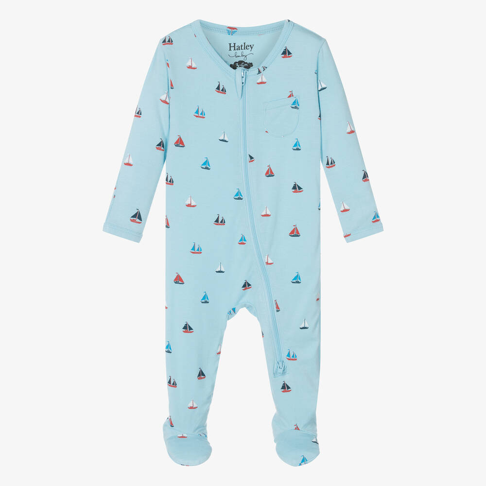 Hatley - Boys Blue Viscose Sailboats Babygrow | Childrensalon