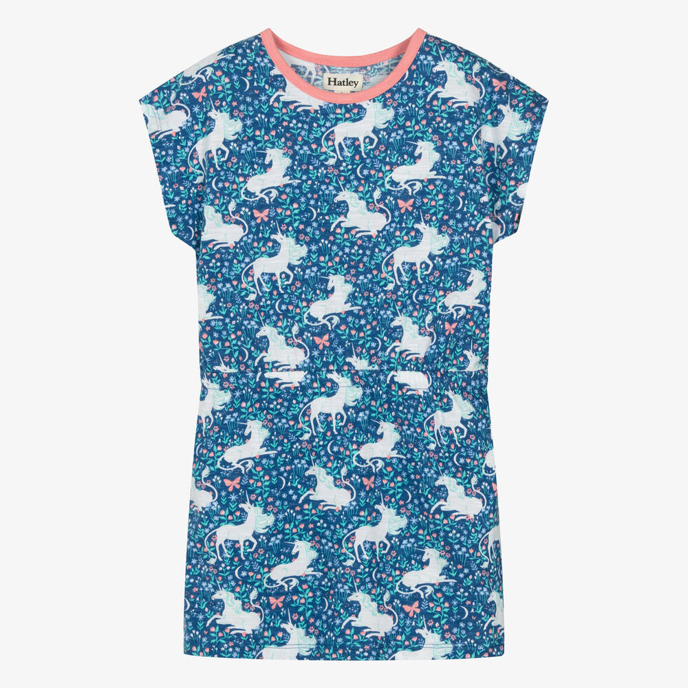 Hatley - Girls Blue Cotton Unicorn Dress | Childrensalon