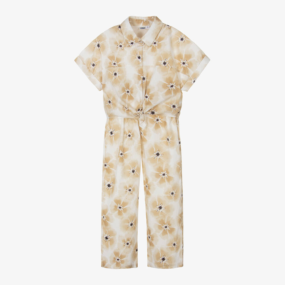 iDO Junior - Girls Beige Floral Cotton Trouser Set | Childrensalon