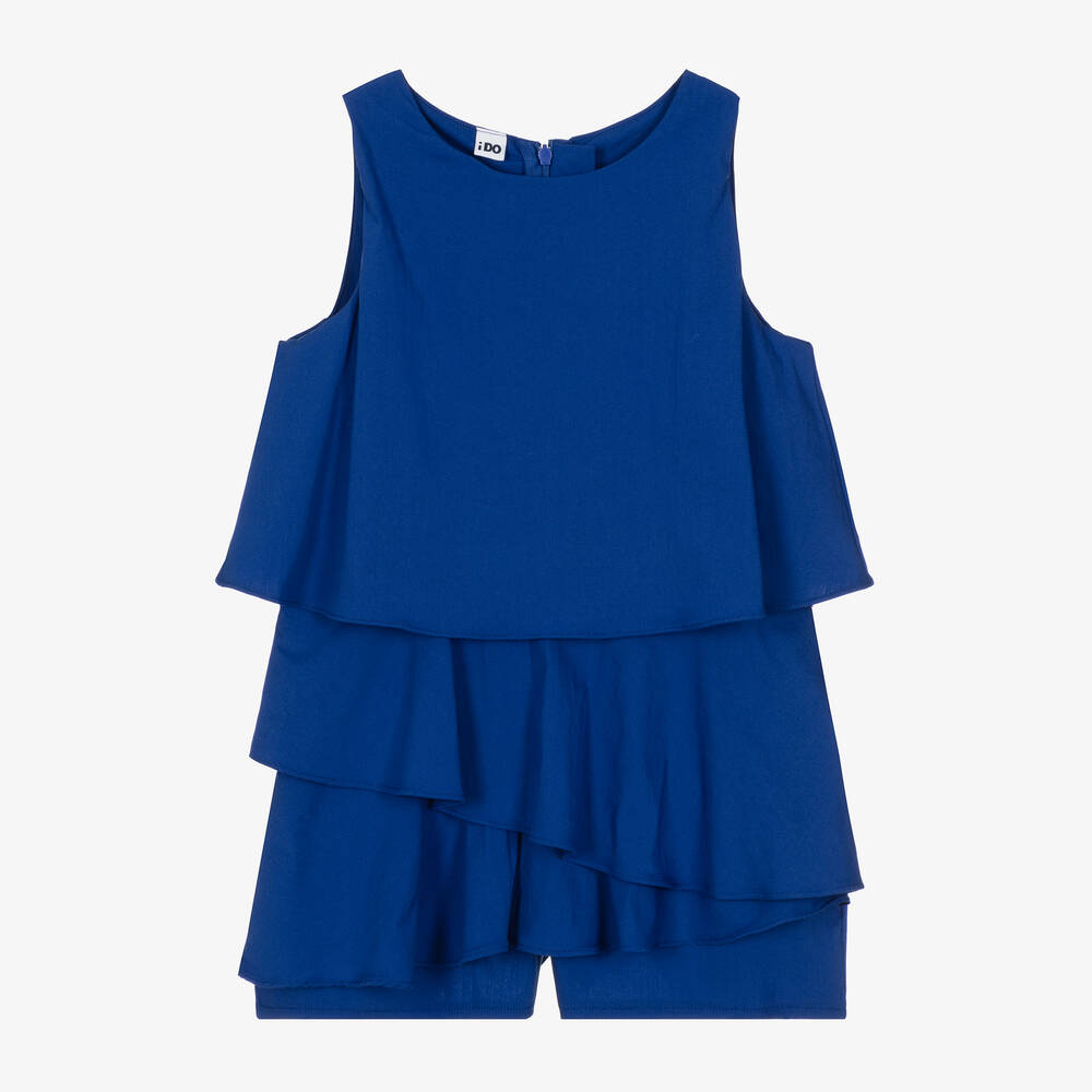 iDO Junior - Girls Blue Cotton Ruffle Playsuit | Childrensalon