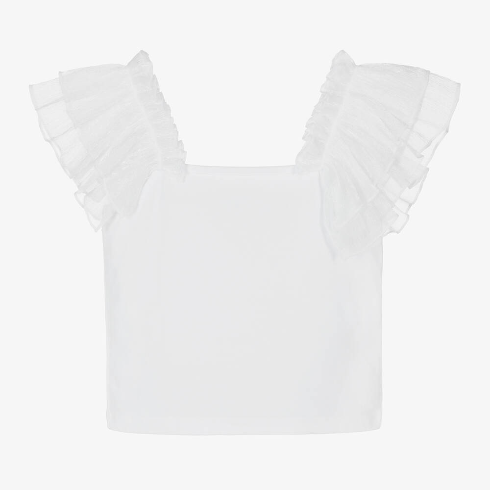 iDO Junior - Girls White Cotton Ruffle Top | Childrensalon