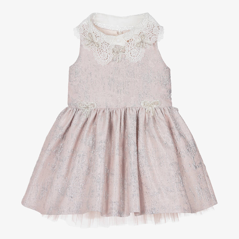 Junona - Baby Girls Pink & Silver Jacquard Bow Dress | Childrensalon Outlet