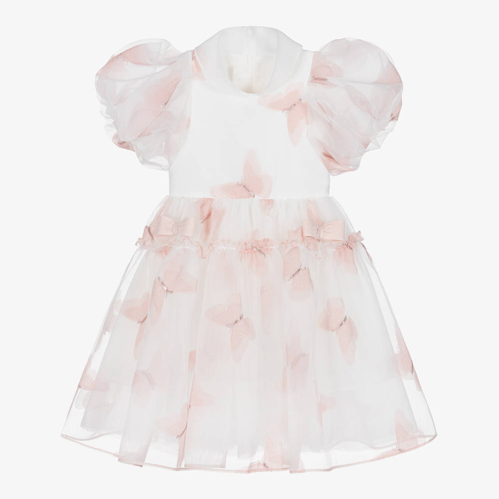Junona - Girls White & Pink Butterfly Dress | Childrensalon Outlet