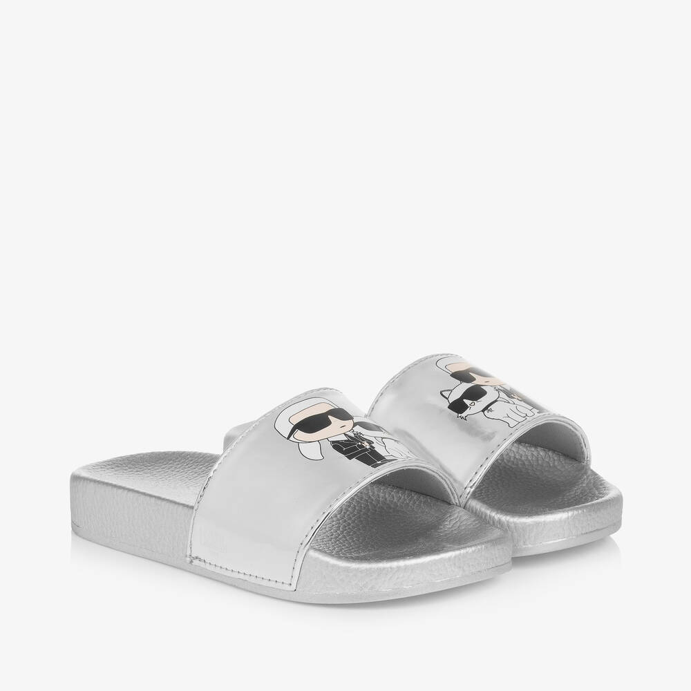 KARL LAGERFELD KIDS - Girls Silver Karl & Choupette Sliders | Childrensalon