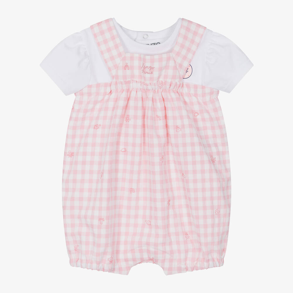 KENZO KIDS - Baby Girls Pink Cotton Dungaree Shorts Set | Childrensalon