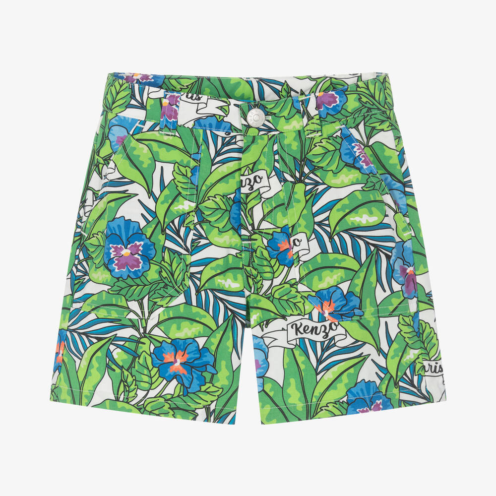 KENZO KIDS - Boys Green Flower Print Cotton Shorts | Childrensalon