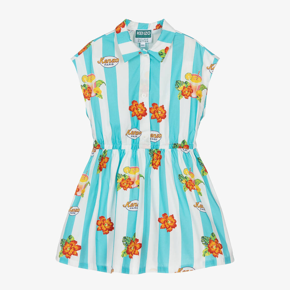 KENZO KIDS - Girls Blue Striped Cotton Dress | Childrensalon