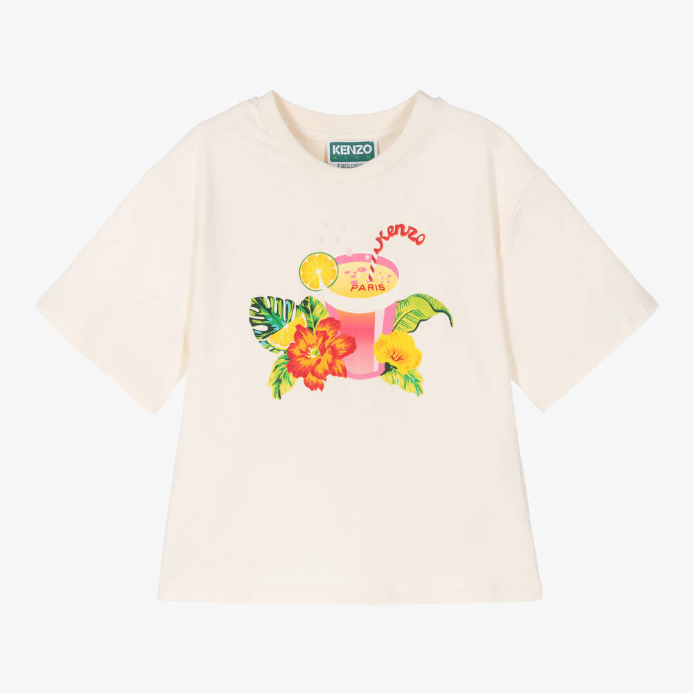 KENZO KIDS - Girls Ivory Cotton T-Shirt | Childrensalon