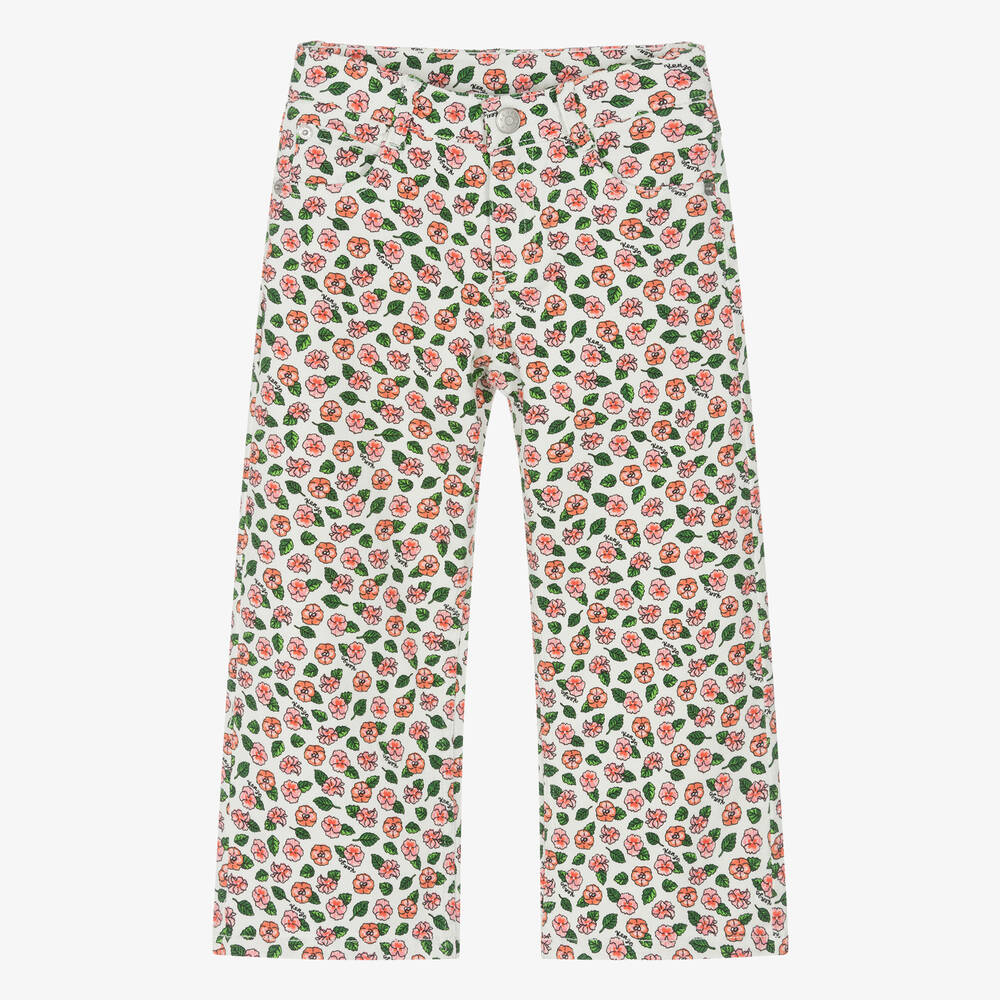 KENZO KIDS - Girls Ivory Floral Denim Wide-Leg Jeans | Childrensalon