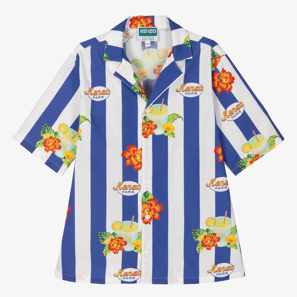 KENZO KIDS - Teen Boys Blue Striped Cotton Shirt | Childrensalon