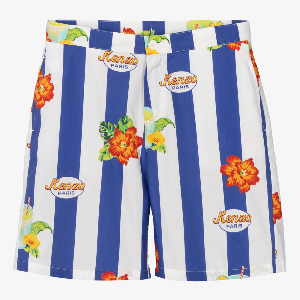 KENZO KIDS - Teen Boys Blue Striped Cotton Shorts | Childrensalon