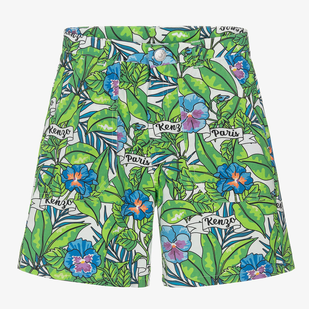 KENZO KIDS - Teen Boys Green Flower Print Cotton Shorts | Childrensalon