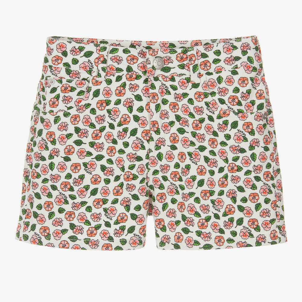 KENZO KIDS - Teen Girls Ivory Floral Cotton Twill Shorts | Childrensalon