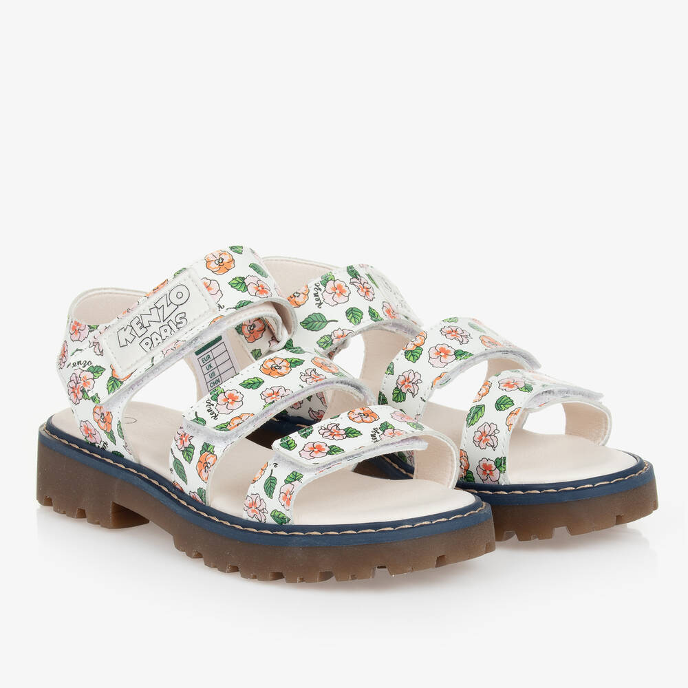 KENZO KIDS - Teen Girls Ivory Floral Print Leather Sandals | Childrensalon