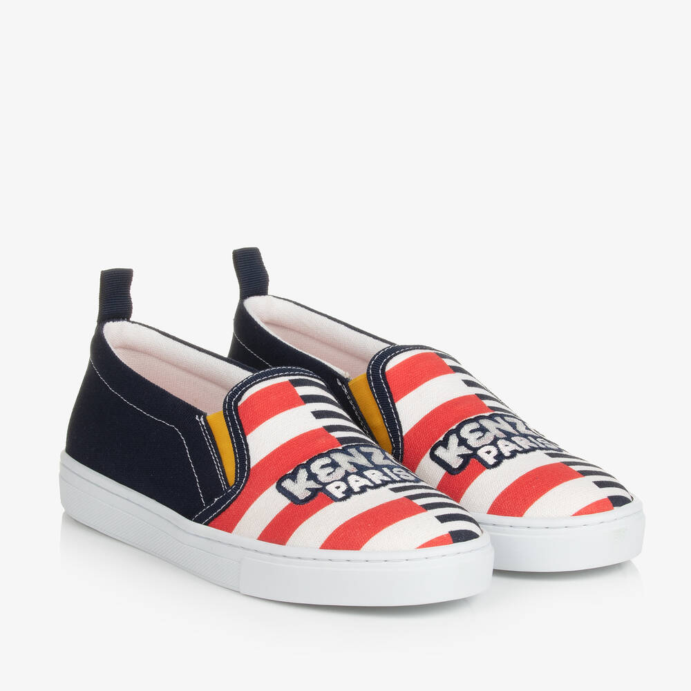 KENZO KIDS - Teen Navy Blue Striped Canvas Trainers | Childrensalon