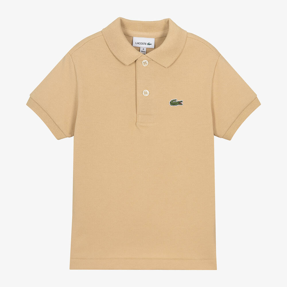 Lacoste - توب بولو قطن بيكيه لون بيج داكن | Childrensalon