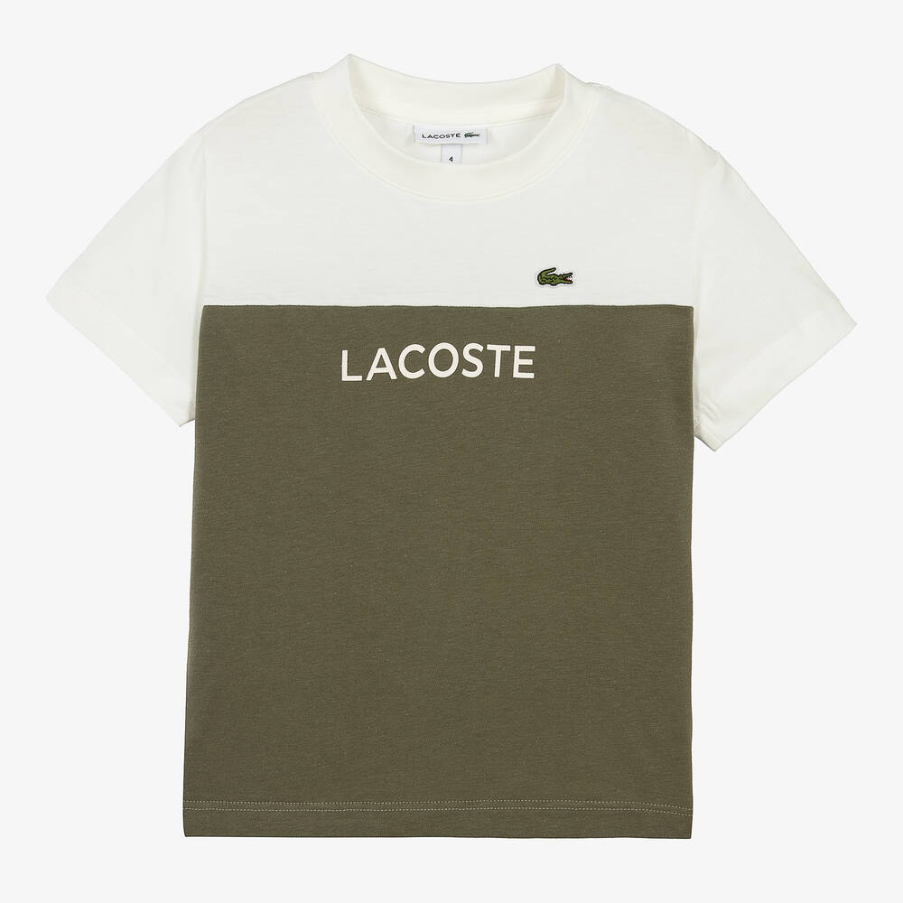 Lacoste - تيشيرت قطن لون عاجي وأخضر كاكي للأولاد | Childrensalon