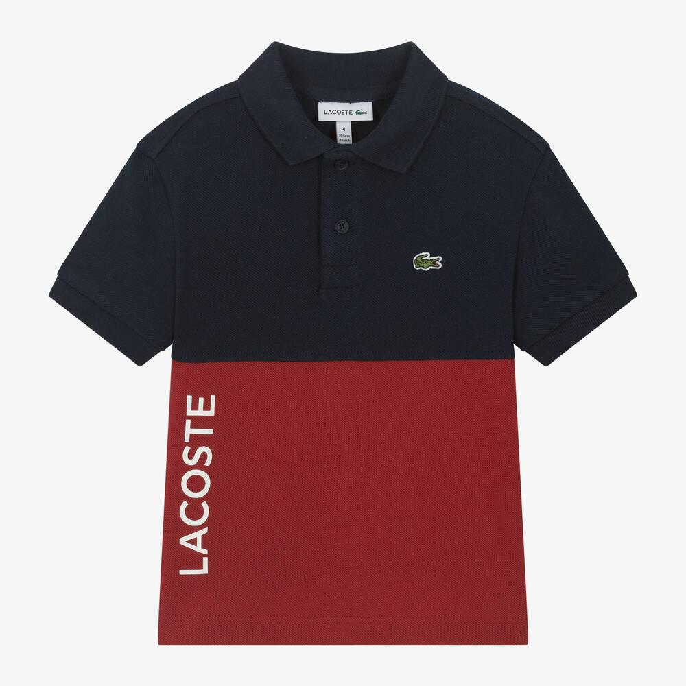 Lacoste - توب بولو قطن بيكيه لون كحلي وأحمر للأولاد | Childrensalon