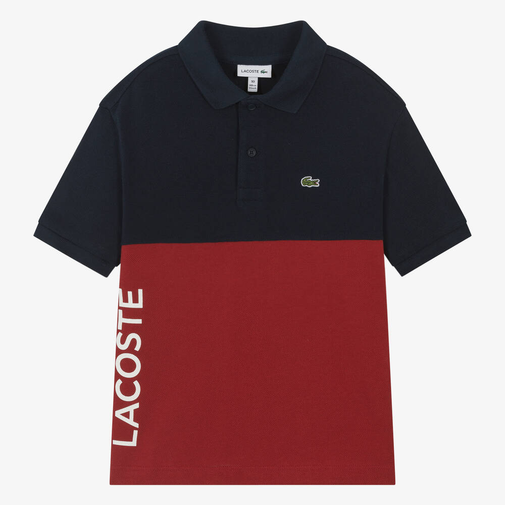 Lacoste - توب بولو تينز ولادي قطن بيكيه لون كحلي وأحمر | Childrensalon