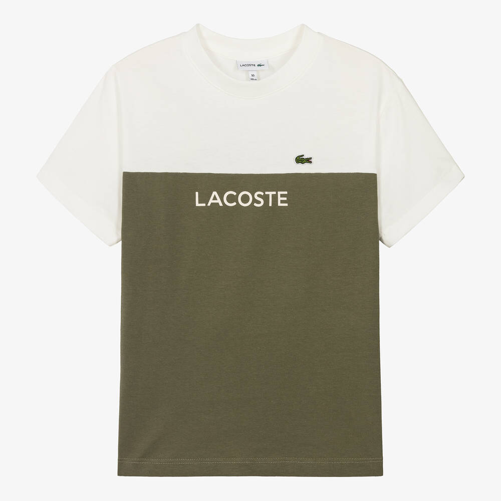 Lacoste - تيشيرت قطن لون عاجي وأخضر للمراهقين | Childrensalon