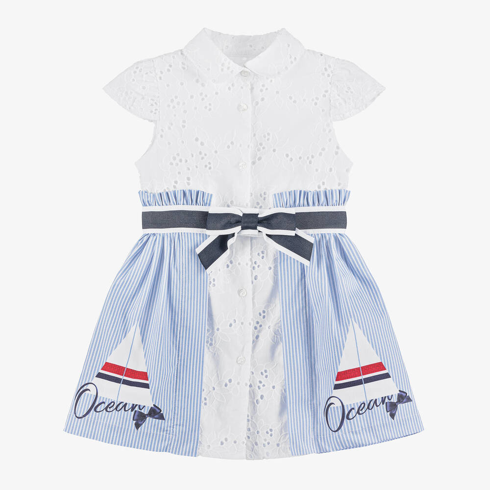 Lapin House - Girls White & Blue Striped Cotton Dress | Childrensalon