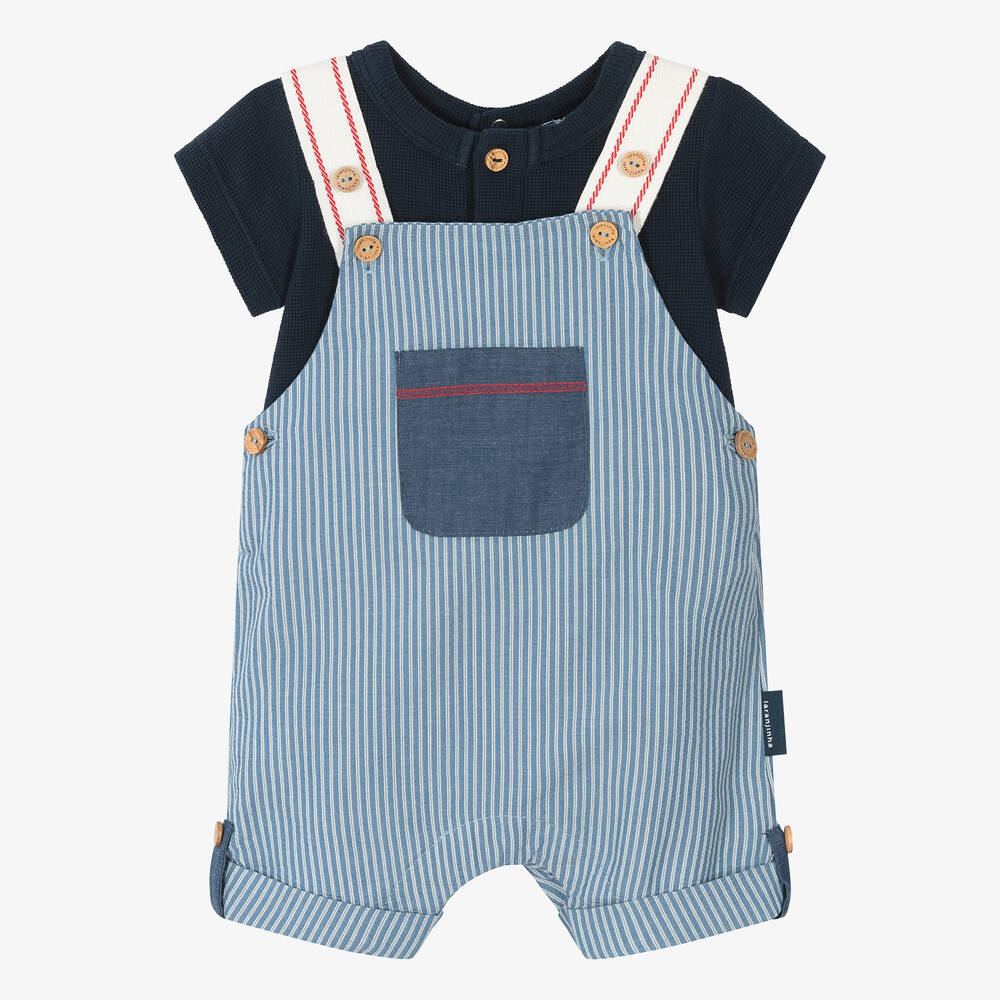 Laranjinha - Baby Boys Blue Striped Cotton Dungaree Set | Childrensalon