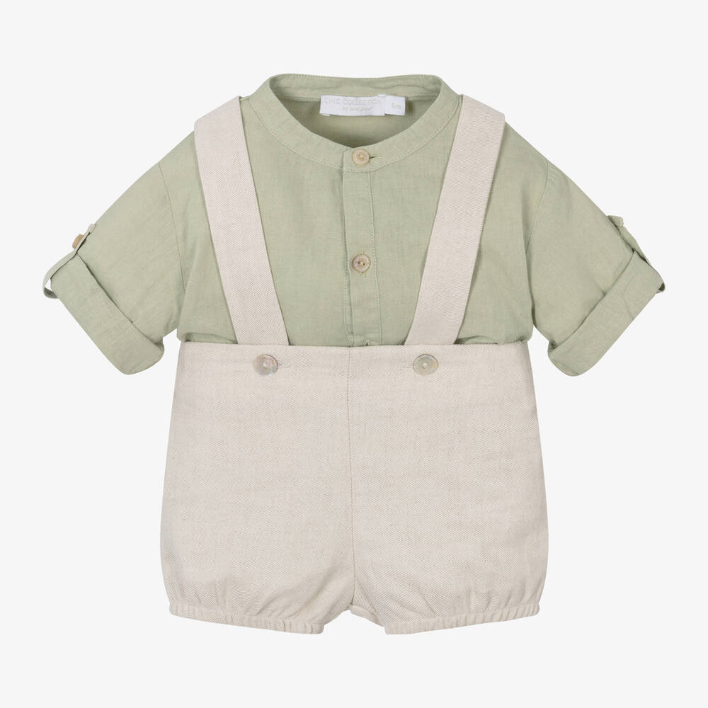 Laranjinha - Baby Boys Green & Beige Linen Shorts Set | Childrensalon