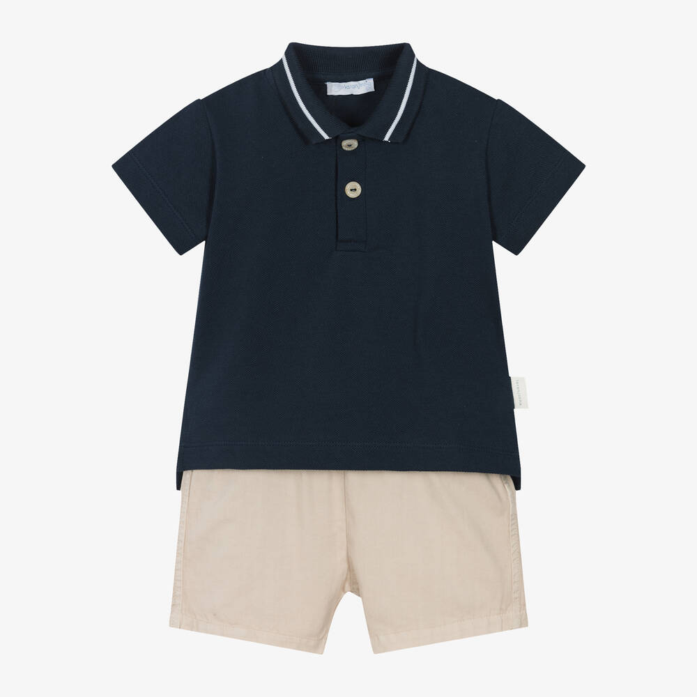 Laranjinha - Boys Beige & Navy Blue Cotton Shorts Set  | Childrensalon