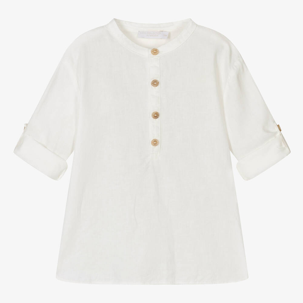 Laranjinha - Boys Ivory Linen Collarless Shirt | Childrensalon