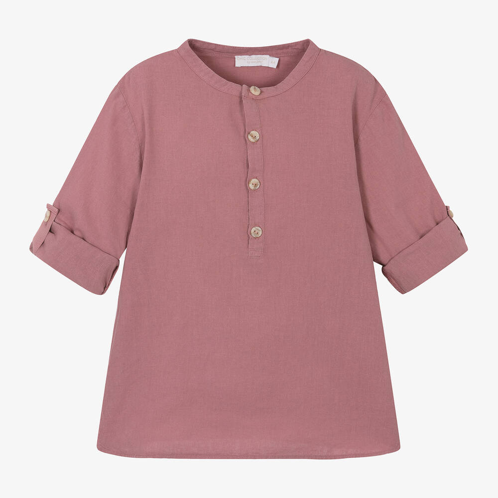 Laranjinha - Boys Red Linen Collarless Shirt | Childrensalon